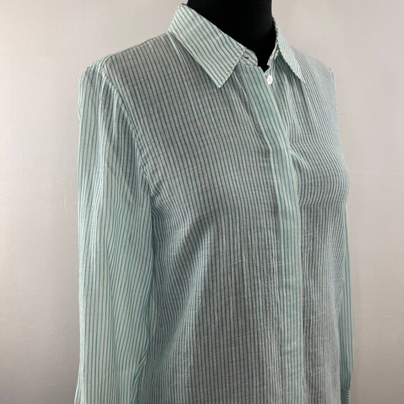 THEORY Green White Straight Shirt Organic Cotton Stripe Button-Up Long Sleeve S - Picture 7 of 11